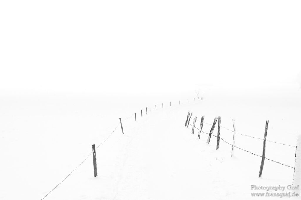 This picture captures a serene winter scene featuring a fence amidst a snowy landscape. The image is devoid of vibrant colors, embracing a monochromatic black and white scheme that accentuates the contrast between the stark, white snow and the dark fence. The foggy atmosphere adds a layer of mystery to the scene, enhancing the overall depth and perspective. Despite the absence of any human or animal figures, the outdoor setting feels alive, exuding a calm and peaceful aura. The sky, although partially obscured by the fog, completes the landscape, suggesting a chilly, overcast day.