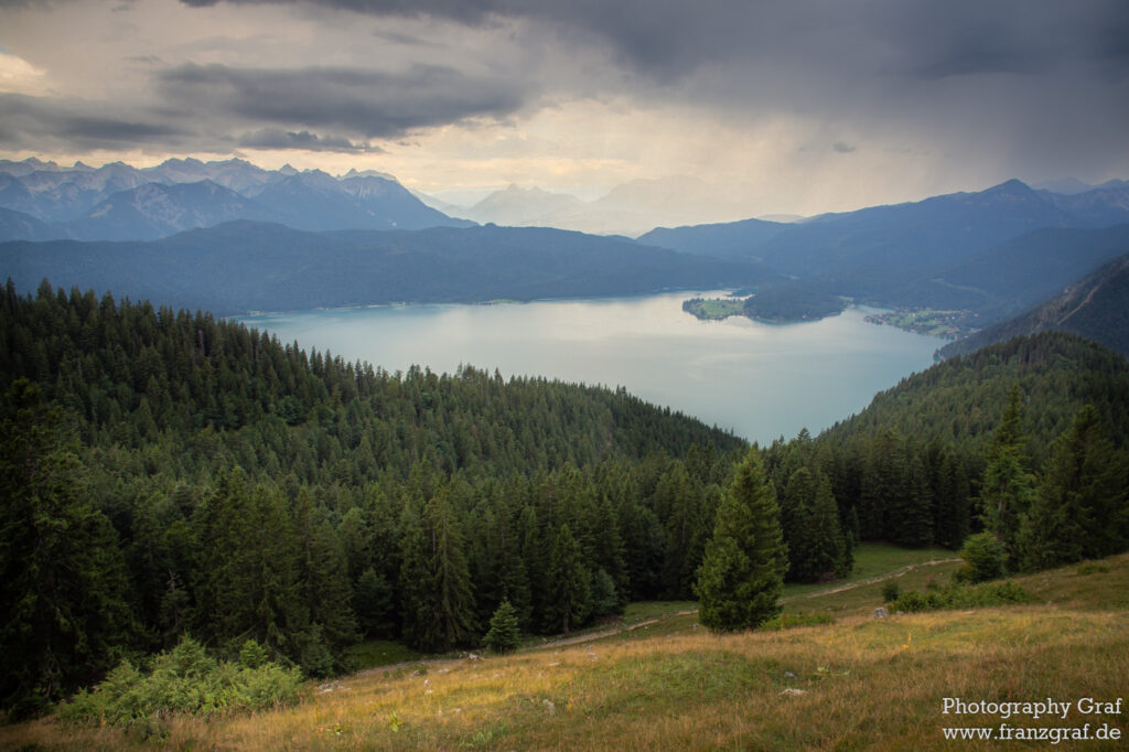 This breathtaking landscape is comprised of a crystal clear lake surrounded by tall, lush trees and a mountainous backdrop that completes the perfect outdoor scene. The sky is a mix of light grey and white clouds, adding to the beauty of the view. The trees are a mix of green and brown, with some having leaves that are still vibrant and full of life. The lake has a tranquil atmosphere, adding a peaceful atmosphere to the area. The mountains are covered in snow, and the tops of some can be seen in the distance, creating a beautiful contrast with the green trees and blue sky. The scene is one of a kind and is sure to be remembered for years to come.