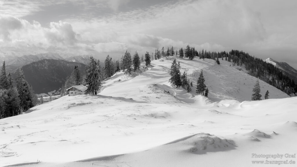 This image captures a serene snowy landscape, exuding the chilling beauty of winter. Dominated by a mesmerizing mountain range in the background, the scene is blanketed in a thick layer of snow. The sky is filled with a fluffy assortment of clouds, contributing to the overall white and grey color scheme of the image. A few trees, stark and bare, stand tall amidst this snowy terrain, adding a touch of contrast to the otherwise monochromatic view. Nestled somewhere within this wintry wonderland is a solitary house, a silent witness to the freezing temperatures. The photograph seems to emphasize the tranquil solitude of a winter's day, with its broad expanse of snow, towering trees, and distant mountains. The overall composition is reminiscent of a black and white photo, enhancing the stark beauty of the scene.