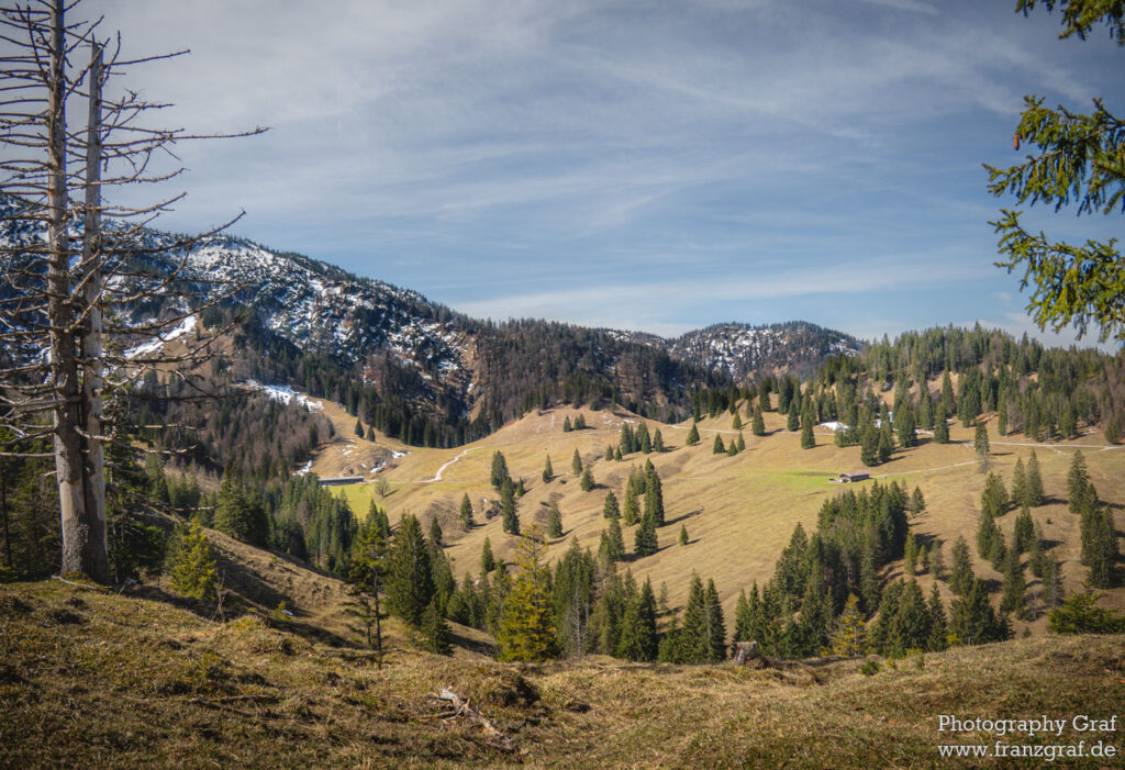 This captivating landscape showcases a majestic mountain adorned with a delicate dusting of snow, creating a serene and picturesque scene. The mountain's rugged terrain is softened by the presence of various trees, including larches and spruces, which add a vibrant touch of green against the crisp white snow. Clouds gently hover in the sky, further enhancing the tranquil atmosphere of this wilderness. The overall composition of the image, with its blend of flora, snowy mountain peaks, and lush forests, creates a captivating view that encapsulates the essence of nature's unparalleled beauty.